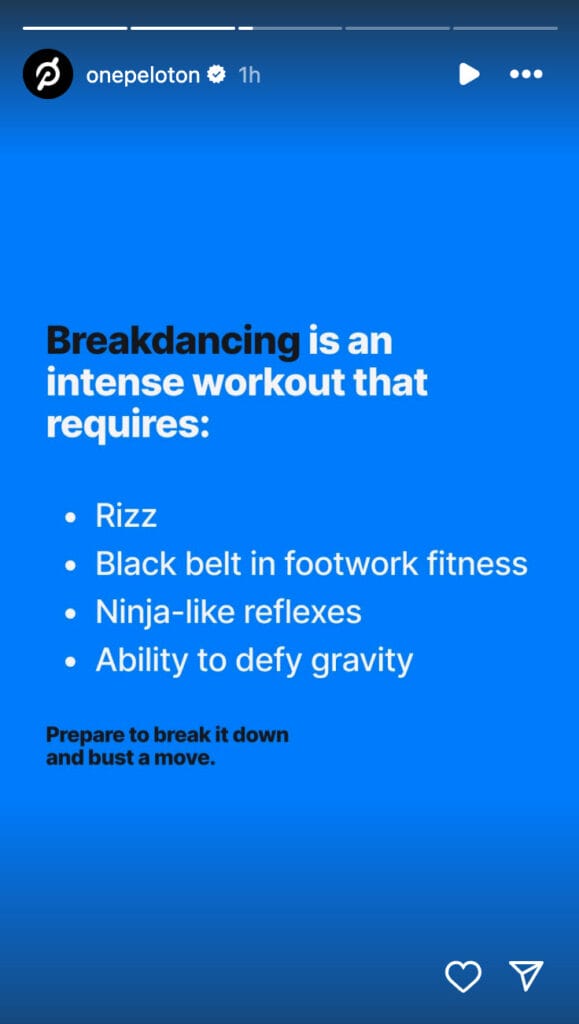 @OnePeloton Instagram post announcing breakdancing classes. Image credit Peloton social media.